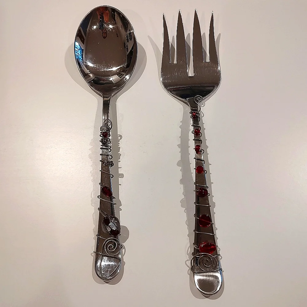 Gourmet Settings Jeweled Serving Spoon and Fork Party Red Stone